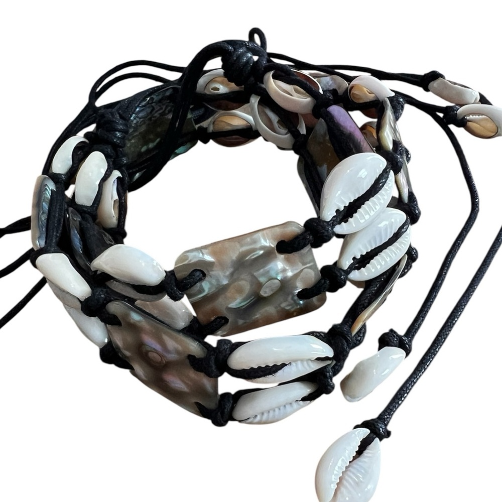 Boho Cowrie & Abalone Shell Belt | Adjustable Black Cord Coastal Waist Belt - Picture 2 of 8